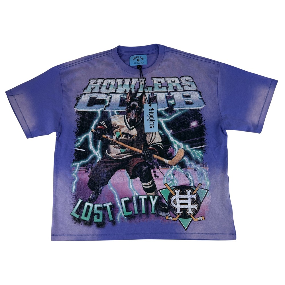 Howlers Club Graphic T-Shirt Mens Large Purple Lost City Doberman Hockey Tee NWT